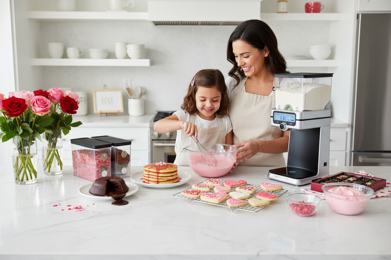 Create a beautiful kitchen featuring the PantryChic Smart Storage System Starter Kit surrounded by Valentine's Day decor. Include valentine's day themed dishes (heart pancakes, flowers, chocolate lava cake, box of chocolates, heart cookies, etc.). Have a little girl baking with her mom at the counter.